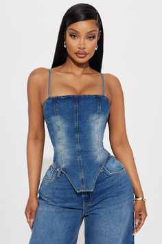 Available In Medium Wash And White. Denim Corset Top Sleeveless Adjustable Straps Seam Detail Square Neck V Hem Back Zipper Closure Stretch 69% Cotton 30% Polyester 1% Spandex Imported | Harley Denim Corset Top in Medium Wash size Small by Fashion Nova Fitted Medium Wash Sleeveless Tank Top, Fitted Denim Blue Sleeveless Tank Top, Fitted Denim Tank Top In Denim Blue, Fitted Sleeveless Denim Top, Trendy Fitted Sleeveless Denim Top, Fitted Dark Wash Tank Top, Fitted Dark Wash Sleeveless Tank Top, Stretch Sleeveless Medium Wash Denim Top, Spring Stretch Denim Tank Top