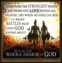 two people standing next to each other in front of a fire with the words, put on the armor of god