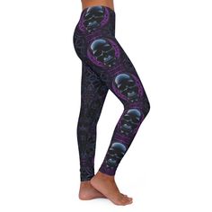 Make a bold statement with these fully customizable leggings. They are made of stretchy fabric that provides the perfect fit while remaining cool and sturdy during workouts. Athleisure has never been this comfy and fun.  .: Material: 88% polyester, 12% spandex .: Skinny fit .: Double layer waistband .: Durable and stretchy fabric .: Sewn-in care label .: Assembled in the USA from globally sourced parts Gothic Leggings, Purple Gothic, Dark Style, Spandex Leggings, Womens Leggings, Black And Purple, Dark Fashion, Care Label, Outfits With Leggings