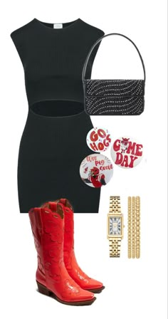 gameday ootd Black Dress Gameday Outfit, Red Black And White Gameday Outfit, Red And Black Gameday Outfit, Uark Gameday Fits, Red And Black Game Day Outfit, Red Gameday Outfit, Black Gameday Outfit