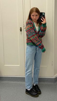 Women Vintage Outfits Classy, Colorful Cool Outfits, Soft 90s Outfits, Retail Work Outfits Women, Earthbound Outfits, Colorful Cardigan Outfit, Eclectic Aesthetic Fashion, Doc Martens Outfit Winter, Thrifty Outfits