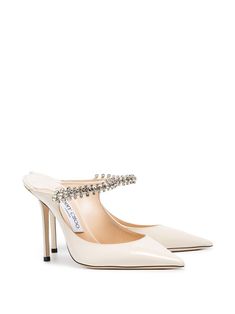 Jimmy Choo Linen White Bing 100 Crystal Anklet Patent Leather Mules | Farfetch.com Jimmy Choo Wedding Shoes, Jimmy Choo Bing, Jimmy Choo Bridal, Heels Aesthetic, Crystal Anklet, Jimmy Choo Heels, Linen White, White Heels, Wedding Heels