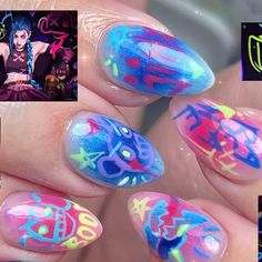 Jinx Nail Art, Arcane Jinx Inspired Nails, Paint The Town Blue, Jinx Nails Design, Jinx Inspired Makeup, Arcane Themed Nails, Arcane Nail Art, Jinx Inspired Nails, Jinx's Nails Arcane