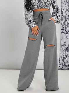 Light Grey  Collar  Fabric Plain Wide Leg Embellished Slight Stretch Spring/Summer/Fall Women Clothing Cut Sweatpants, Sweatpants Shein, Denim Wrap Skirt, Graphic Jackets, Women Sweatpants, Snakeskin Leggings, Knotted Blouse, Babydoll Blouse, Women's Spurs