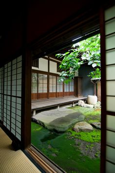 an open room with green grass and rocks