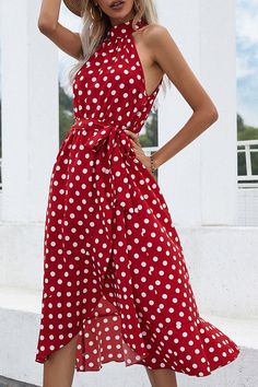 Material Polyester Style Fashion , Elegant Pattern Type Polka Dot Element Frenulum , Flounce Silhouette Irregular Dress Sleeve Length Sleeveless Dresses Length Knee Length Fit Type Regular Type Full Print Size(in) Bust Waist Dresses Length S 37.4 28.7 45.3 M 39 30.3 46.1 L 41.3 32.7 46.9 XL 43.7 35 47.6 Tips:Due to the many variations in monitors, the color in the image could look slightly different, please take physical design and color shall prevail.Please allow 0.4"-1" differs due to manual m Polka Dot Sleeveless Summer Party Dress, Polka Dot Sleeveless Dress For Summer Party, Polka Dot Halter Neck Summer Dress, Summer Polka Dot Sleeveless Knee-length Dress, Knee-length Polka Dot Sleeveless Summer Dress, Polka Dot Sleeveless Dress For Summer Beach, Polka Dot Sleeveless Beach Dress For Summer, Polka Dot Sleeveless Dress For Beach In Summer, Spring Sleeveless Polka Dot Midi Dress