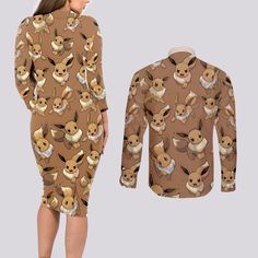 Eevee Pattern Style Couples Matching Long Sleeve Bodycon Dress and Long Sleeve Button Shirt  Save on shipping and order more than one combo.    
 PLEASE READ THE SIZE CHART CAREFULLY BEFORE CHOOSING YOUR SIZE. 
 
 - Material: Polyester fiber (polyester), Moderate softness, cotton. 
 Each panel is individually printed, cut and sewn to ensure a flawless graphic with no imperfections. And high definition printing makes these a pleasure to wear for all occasions. 
 Features a specialty high definition heat-dye application that ensures long lasting color vibrancy even after machine washing. 
 
 THE CUSTOM ORDER PROCESS: 
 Our all-over printed products require 3-7 business days production time, quality is checked before and after printing. 
 We take pride in offering you a keepsake that is one o Eevee Pattern, Sleeve Bodycon Dress, Couples Matching, Long Sleeve Bodycon, Long Sleeve Bodycon Dress, Matching Couples, Button Shirt, Definition Prints, Print Making