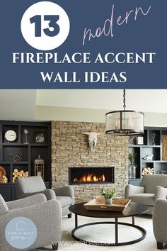 a living room filled with furniture and a fire place in front of a brick wall