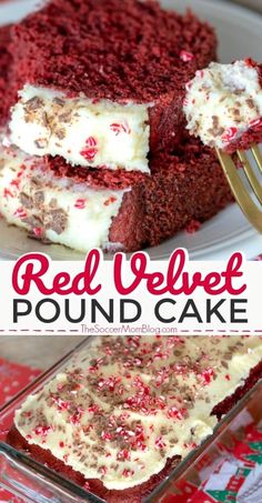 red velvet pound cake with white frosting and sprinkles on the top