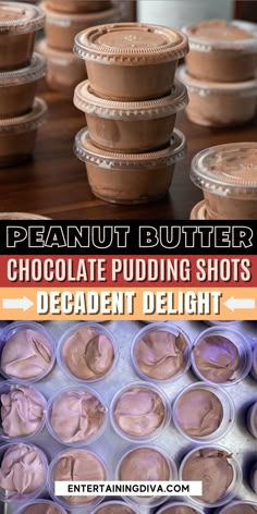 peanut butter chocolate pudding shots in plastic cups with text overlay that reads, peanut butter chocolate pudding shots decadent delight