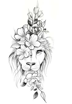 a drawing of a lion with flowers on its head