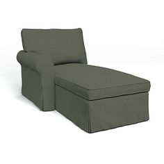 a green chair with a footstool on the bottom and one arm folded over it