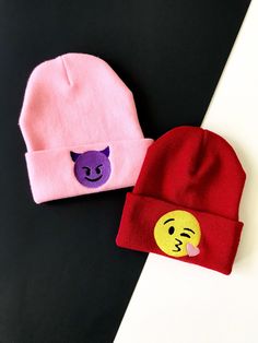 EMOJI Beanies Embroidered Slouchy Hat  Kawaii Hat Custom Beanies Listing for one beanie.  Top quality beanie, hypoallergenic, hand washable. 12 inches long, Large size so you can roll it up and wear tight or slouchy.  100s of thread color options.  SHIPPING DETAILS  Shipping upgrades do not speed up processing times. Shipping speeds stated below. *First Class mailing is 3-8 day transit time depending on seasonal rush. *Priority mailing is a 1-3 day transit time (not guaranteed by USPS)  *Express Kawaii Hat, Kissy Face, Hat Custom, Slouchy Hat, Skull Cap Beanie, Skull Cap, Caps Hats, Accessories Hats, Winter Hats