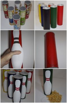 several pictures of bowling pins and cups