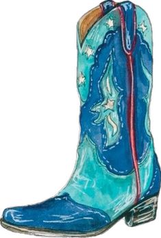 a drawing of a blue cowboy boot with stars on the side and red soles