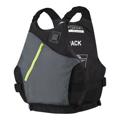 a black and grey back pack with yellow zippers on it's side, in front of a white background