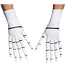 pair of white gloves with black stripes on both hands, facing each other in the same direction