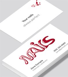 two business cards with red and white designs on them