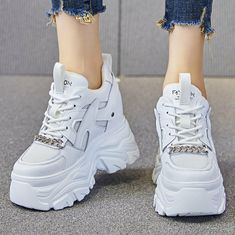 Increasing Height Women Leather Platform Fashion Sneaker Boots Comfort High Heel Condition:New  with box Color: Black,White Heel:8 cm.Include platform is 5 cm+hidden wedge 3 cm Material: Cow Leather + Cotton blend Closer: Lace up EU size: 35 36 37 38 39 40 41 42 43 US size:4.5 5 6 7 8 9 9.5 10 10.5 shipping All orders processed within 24-48hours after payment confirmed.pls make sure your ebay adress is right,we only ship to confirmed ebay address.All packages will be send out by China Airmail,us Boot Chains, Lace Up High Heels, High Heel Sneakers, Faux Leather Heels, Girly Shoes, Fendi Shoes, Fall Shoes, Platform Wedge, Casual Shoes Women