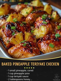 an advertisement for baked pineapple teriyaki chicken on a plate with other food items in the background