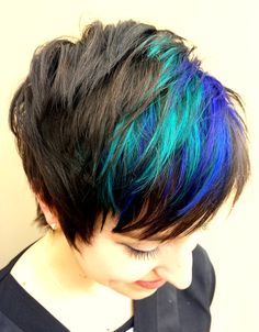 Fun colorful pixie!!  Hair by Kristen at Syndicate Salon, Encino https://www.facebook.com/HairByKristenMichelle Black And Blue Hair, Pixie Hair Color, Ashlee Simpson, Long To Short Hair, Pixie Hair, Hair Color Highlights