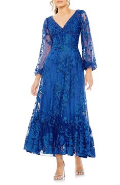 Mac Duggal Floral Sequin Chiffon Gown available at #Nordstrom Puff Sleeve Gown, Ellie And Mac, Design Aesthetics, Dresses Royal, Tea Length Dresses, Long Puff Sleeves, Look Vintage