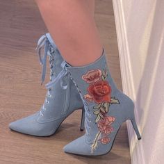 Denim Embroidered Stiletto Heel Mid Calf Booties Light Blue Shoes, Heel Shoes, Blue Shoes, Beautiful Shoes, Stiletto Heel, Shoes Heels Boots, Mid Calf, Heeled Boots, Stiletto Heels