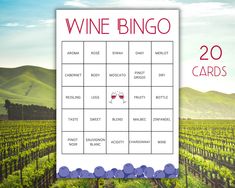 a wine card with the words wine bingo on it in front of a vineyard