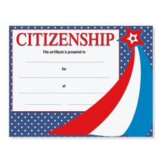 a certificate is shown with an american flag design on it and the words citizenship written in red, white, and blue