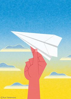 a hand holding up a paper airplane in the sky