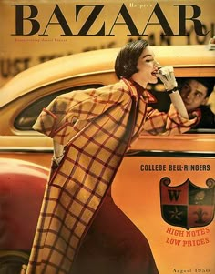 the cover of bazaar magazine shows a woman in plaid coat leaning out of a car