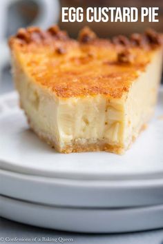 a slice of egg custard pie on a white plate