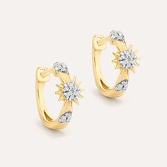 SKU# E-6277 Diamond Weight 0.05cts Earrings Length 10.50 mm Width 5.20 mm. Hinge closure Finish 14k gold plated sterling silver or in sterling silver. Avoid contact with anything containing derivatives of alcohol.