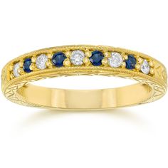 Women's ring features round diamonds and blue sapphires set in solid 14k yellow gold. Diamond Vintage Ring, Yellow Gold Wedding Ring, Womens Ring, Vintage Diamond Rings, Wedding Anniversary Rings, Blue Sapphire Diamond, Forward Thinking, Diamond Anniversary Rings, Jewelry Hand