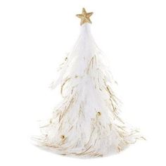 a white christmas tree with gold decorations and a star hanging from it's top