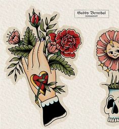 two hand tattoos with flowers and skulls on the sides, one is holding a heart