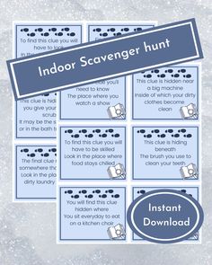 the instructions for how to make an indoor scavenger hunt with pictures on it