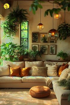 a living room filled with lots of furniture and plants on the wall above it's windows