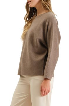 This slouchy sweater is designed with a boatneck and makes a sophisticated staple to add to your cozy collection. 24" length (size Small) Boatneck Long sleeves 88% polyester, 12% nylon Hand wash, dry flat Imported Oversized Taupe Sweater For Layering, Chic Taupe Sweater For Fall, Relaxed Fit Boat Neck Tops For Fall, Taupe Long Sleeve Soft Knit Sweater, Taupe Soft Knit Long Sleeve Sweater, Soft Knit Long Sleeve Taupe Sweater, Soft Knit Taupe Sweater With Long Sleeves, Taupe Tops For Fall Layering, Casual Winter Sweater With Boat Neck