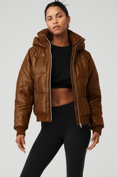 Faux Leather Boss Puffer - Cinnamon Brown | Alo Yoga Boss Moves, Boss Brand, Yoga Jacket, Cinnamon Brown, Back Women, Alo Yoga, Yoga Women, Coats Jackets Women, Bra Tops