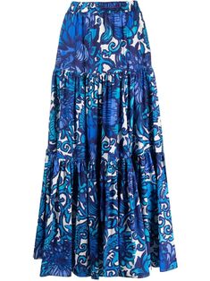 blue cotton all-over graphic print tiered skirt voluminous skirt elasticated waistband two side inset pockets ankle-length Birthday Skirt, Uzun Boy, Voluminous Skirt, Dream Fashion, Chanel Perfume, Full Skirts, Tier Skirt, Cotton Skirt, Tiered Skirt