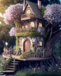 a tree house with purple flowers on it