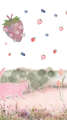 an illustration of a pink cat in a field with strawberries and berries falling from the sky