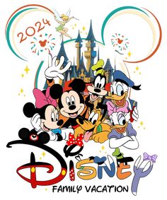 the disney family vacation logo with mickey mouse and other characters in front of a castle