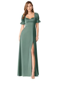 Let your bridal party be cutesy and playful while wearing our all stretch satin bridesmaid dress, Harlie. Her sweetheart neckline is framed with gathered short puff sleeves that cinch ever so slightly at the bicep. The back has delicate gathering detail along the zipper while the A-line skirt fashions a front side slit. Pink Brides Maid Dresses, Bridesmaid Dresses Satin, Long Sleeve Bridesmaid Dress, Stretch Satin Dress, Fall Bridesmaid Dresses, Bridal Party Outfit, Azazie Bridesmaid Dresses, Green Bridesmaid Dresses, Long Bridesmaid Dress