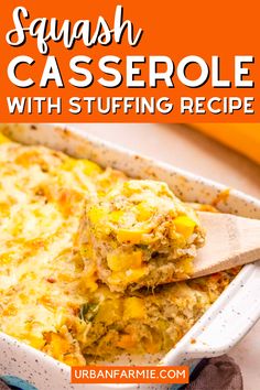 a casserole dish with stuffing in it and a wooden spoon on the side