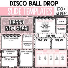 a pink and black calendar with the words disco ball drop side templates