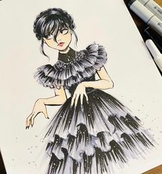 a drawing of a woman in a dress with black and white ruffles on it