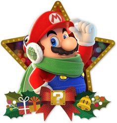 the super mario bros christmas card is shown in front of a star with presents around it