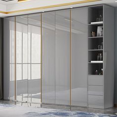 an empty room with some glass doors on the wall and shelves in front of it